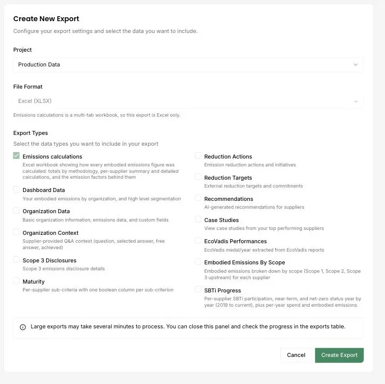 The create new export panel in the DitchCarbon portal, listing thirteen selectable export datasets with a description under each, plus the project and file format selectors.