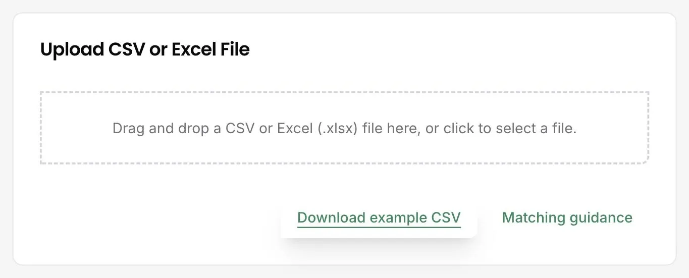 The upload dialog in the DitchCarbon portal, with a drag and drop area for CSV or Excel files, a download example CSV link and a matching guidance link.