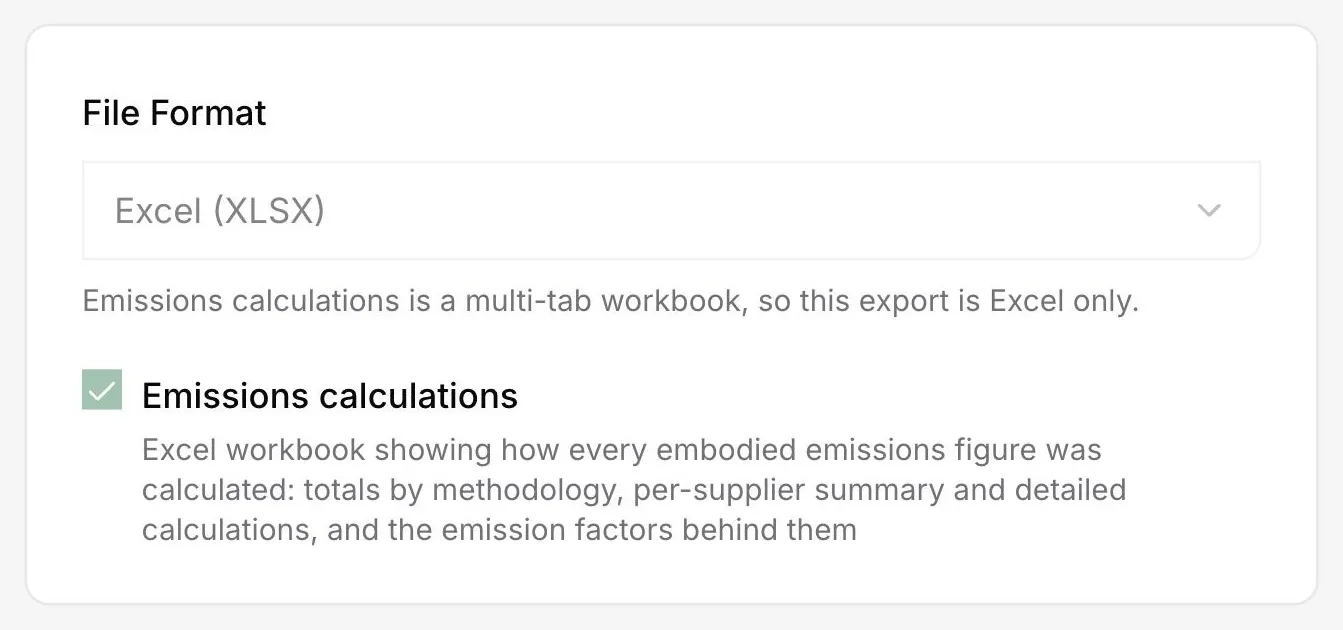 The emissions calculations export option in the DitchCarbon portal, describing a multi-tab Excel workbook with totals by methodology, a per-supplier summary, detailed calculations and the emission factors behind them.