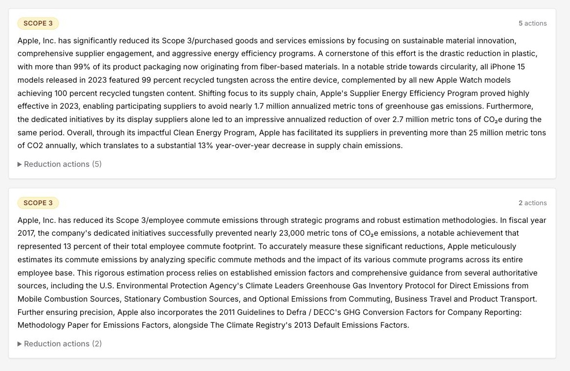 Case study cards in the DitchCarbon portal, one per scope, each listing the reduction actions behind it