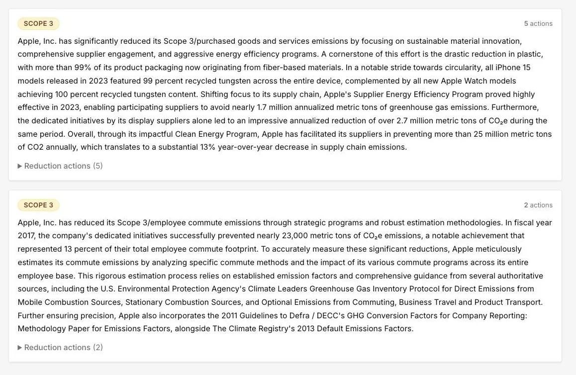 Case study cards in the DitchCarbon portal, each tagged with a scope and listing a count of reduction actions behind it.