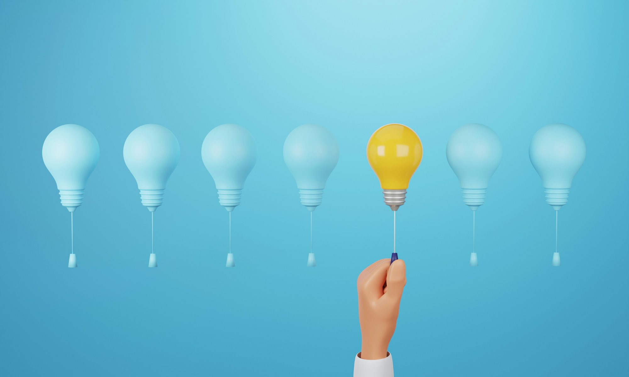 A hand pulling the cord of the one lit yellow bulb in a row of unlit blue bulbs