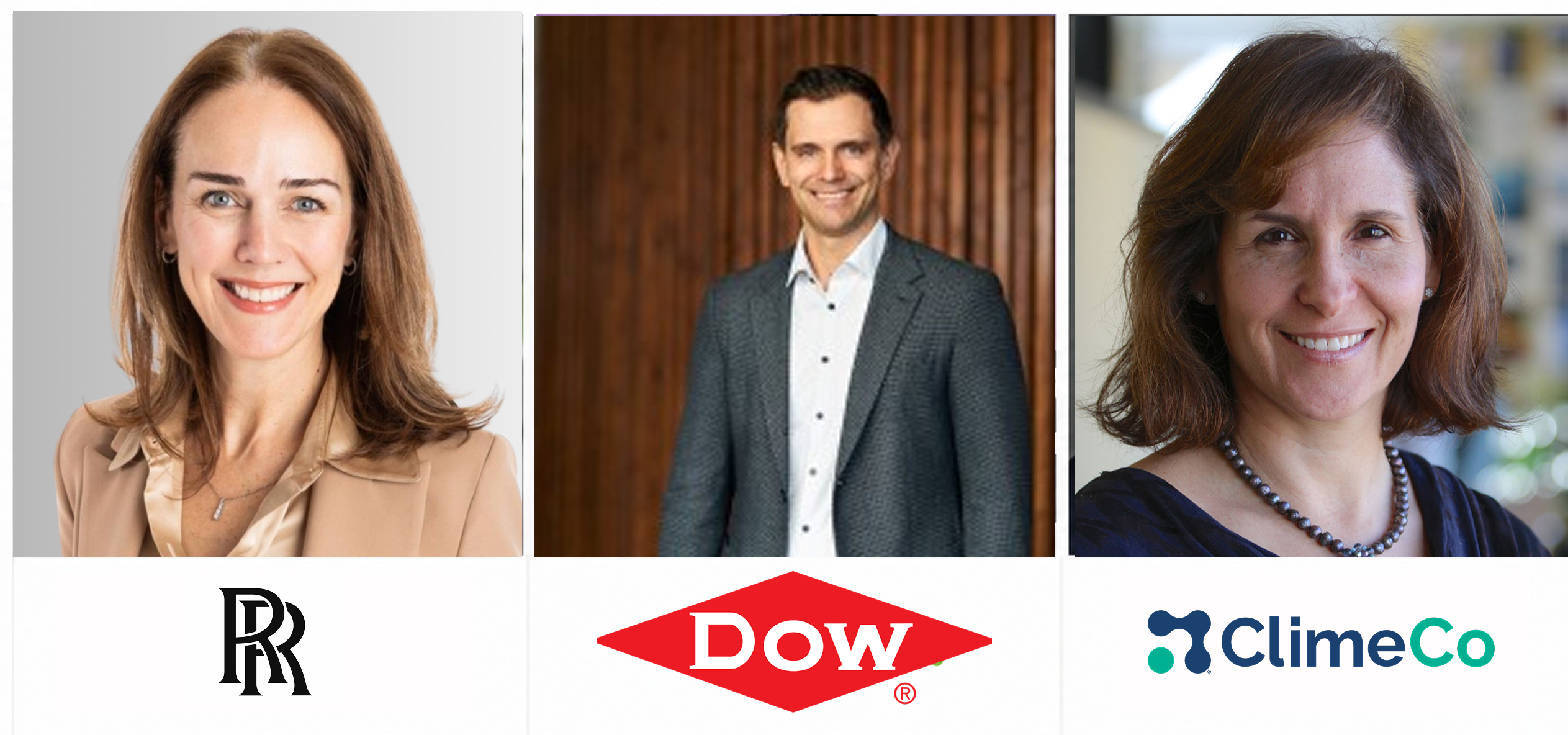 Headshots of Ivanka Mamic, Raoul Meys Oliveira and Cynthia Cummis above the Rolls-Royce, Dow and ClimeCo logos