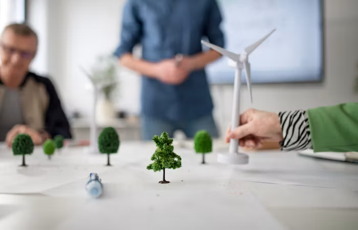 People around a table with a model of trees and wind turbines, one hand placing a turbine