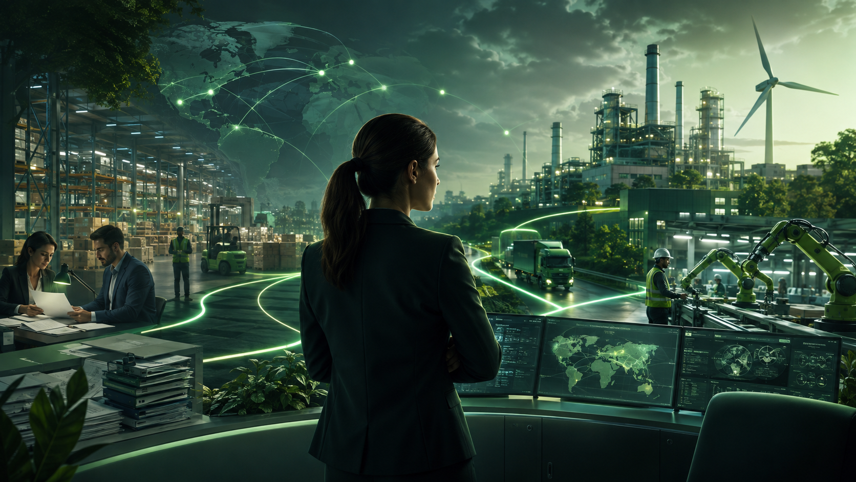 Businesswoman looking out over an illustrated landscape of warehouses, factories, trucks and wind turbines linked by glowing data lines