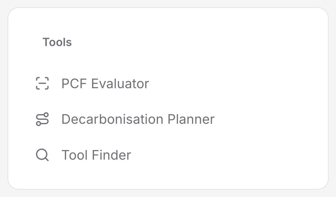 DitchCarbon platform Tools menu listing PCF Evaluator, Decarbonisation Planner and Tool Finder