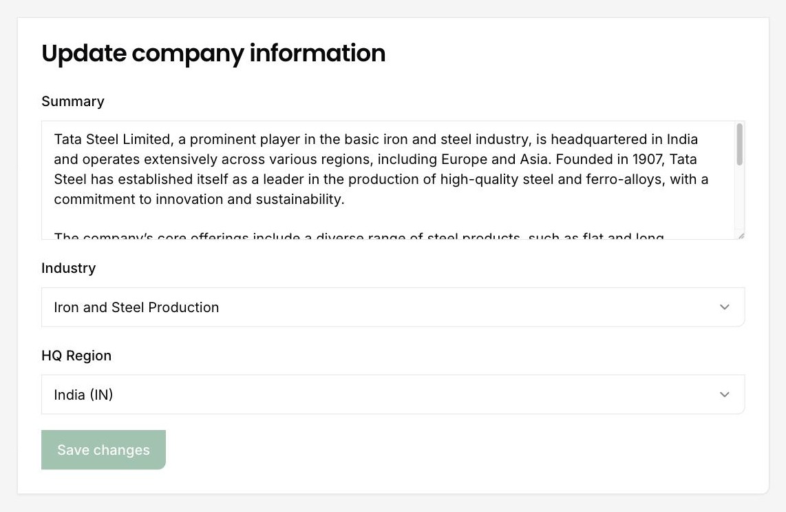 DitchCarbon platform screen showing the Update company information form with summary, industry and HQ region