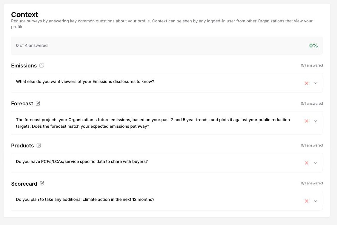 DitchCarbon platform screen showing Context questions on emissions, forecast, products and scorecard