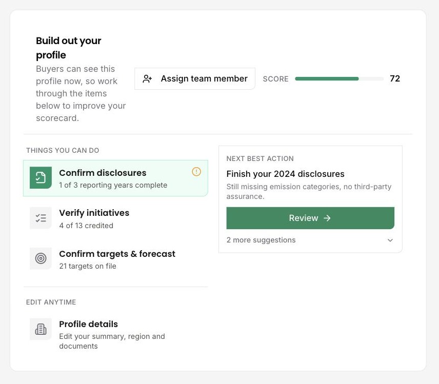 DitchCarbon platform screen showing a profile to-do list with a score of 72 and next best action