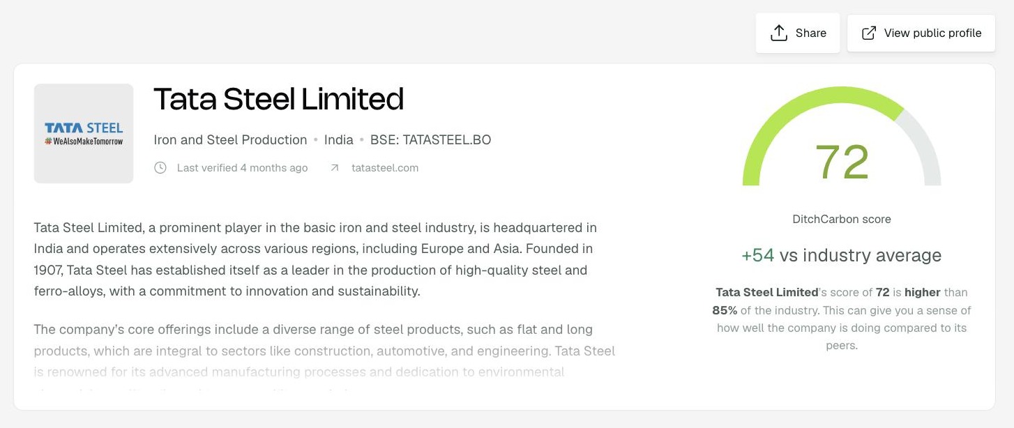 DitchCarbon platform screen showing the Tata Steel Limited public profile with a DitchCarbon score of 72