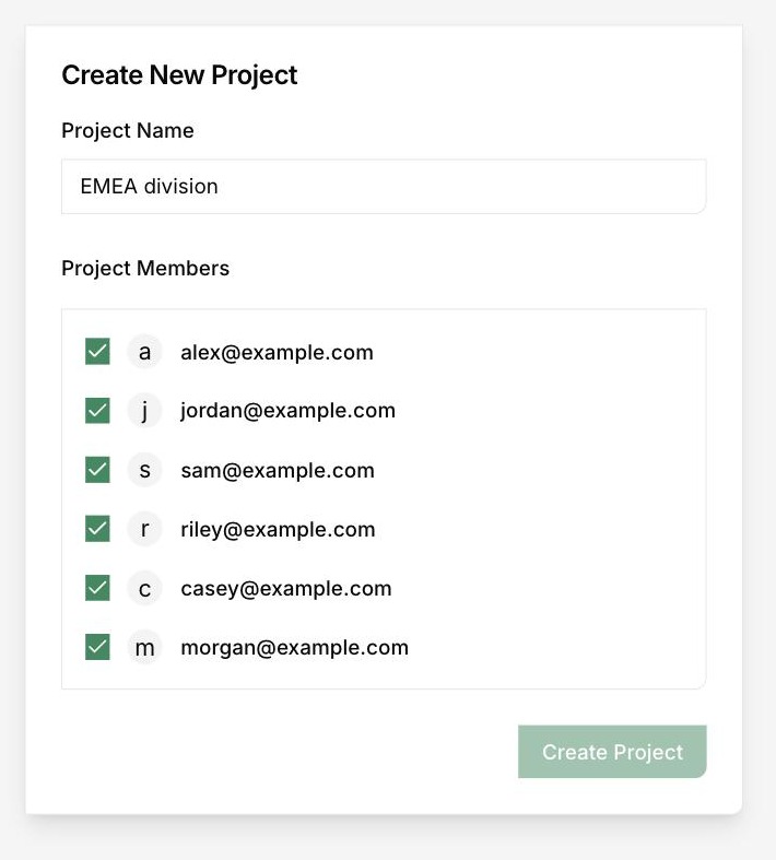 DitchCarbon platform screen showing the Create New Project form with project name and members