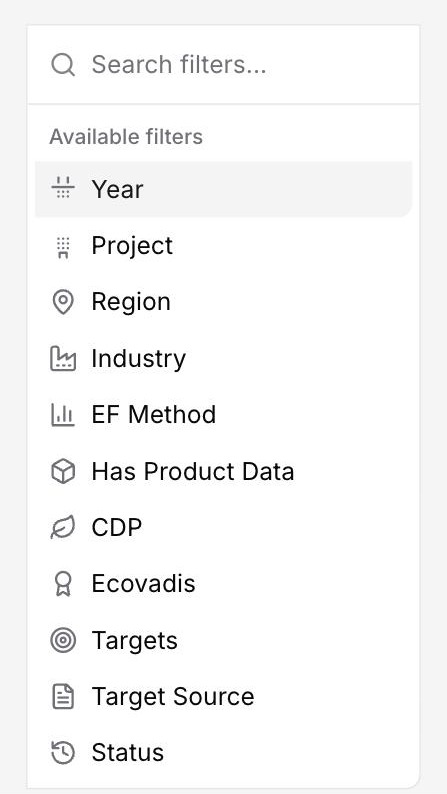 DitchCarbon platform filter menu listing Year, Project, Region, Industry, EF Method, CDP, Targets and more