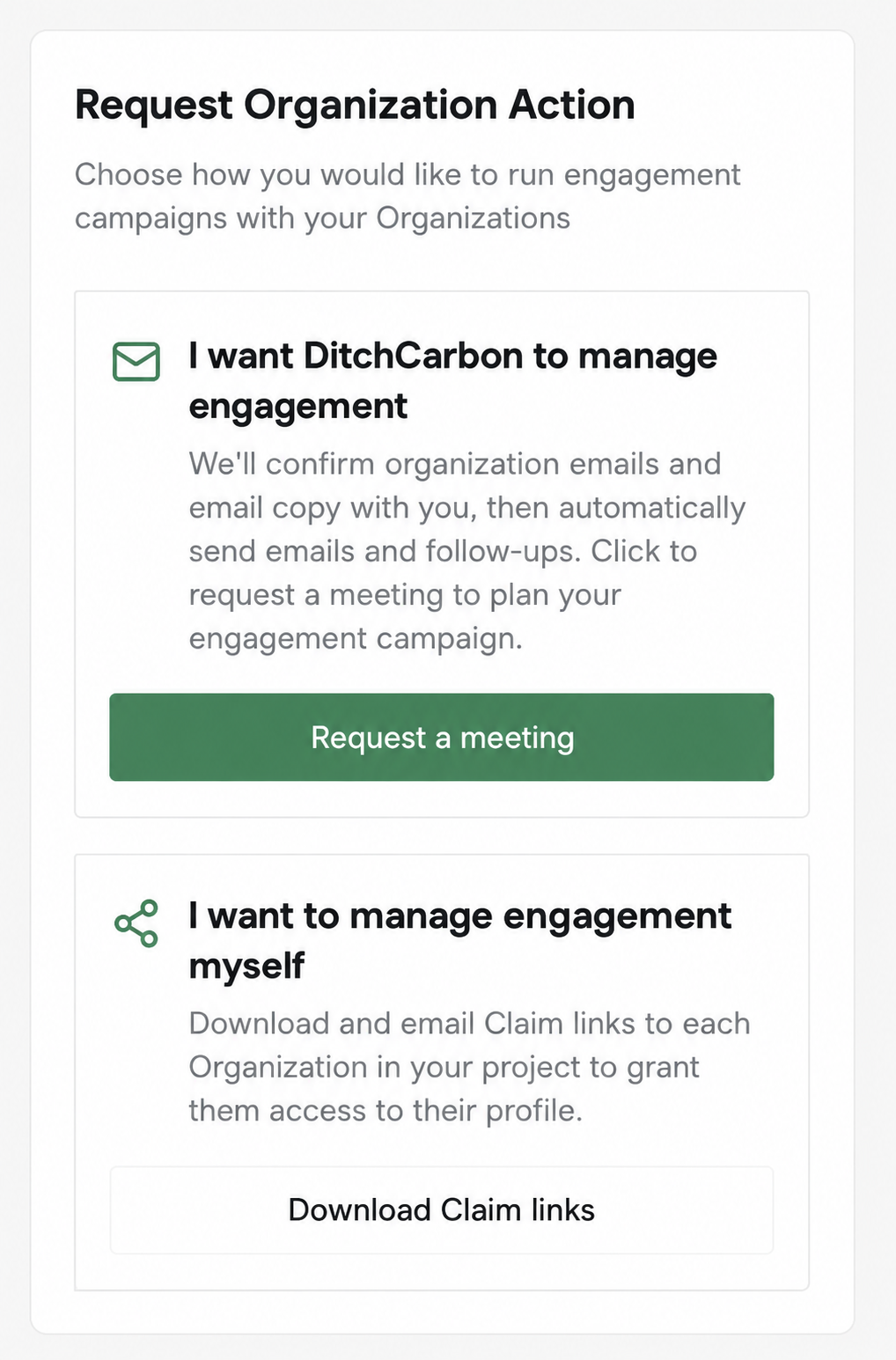 DitchCarbon platform screen showing Request Organization Action, with managed or self-run engagement options