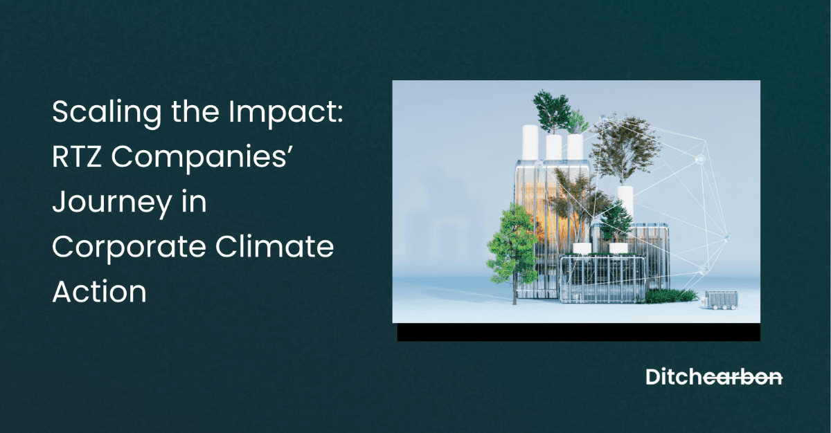 Title card reading "Scaling the Impact: RTZ Companies' Journey in Corporate Climate Action" beside an illustration of a building covered in plants