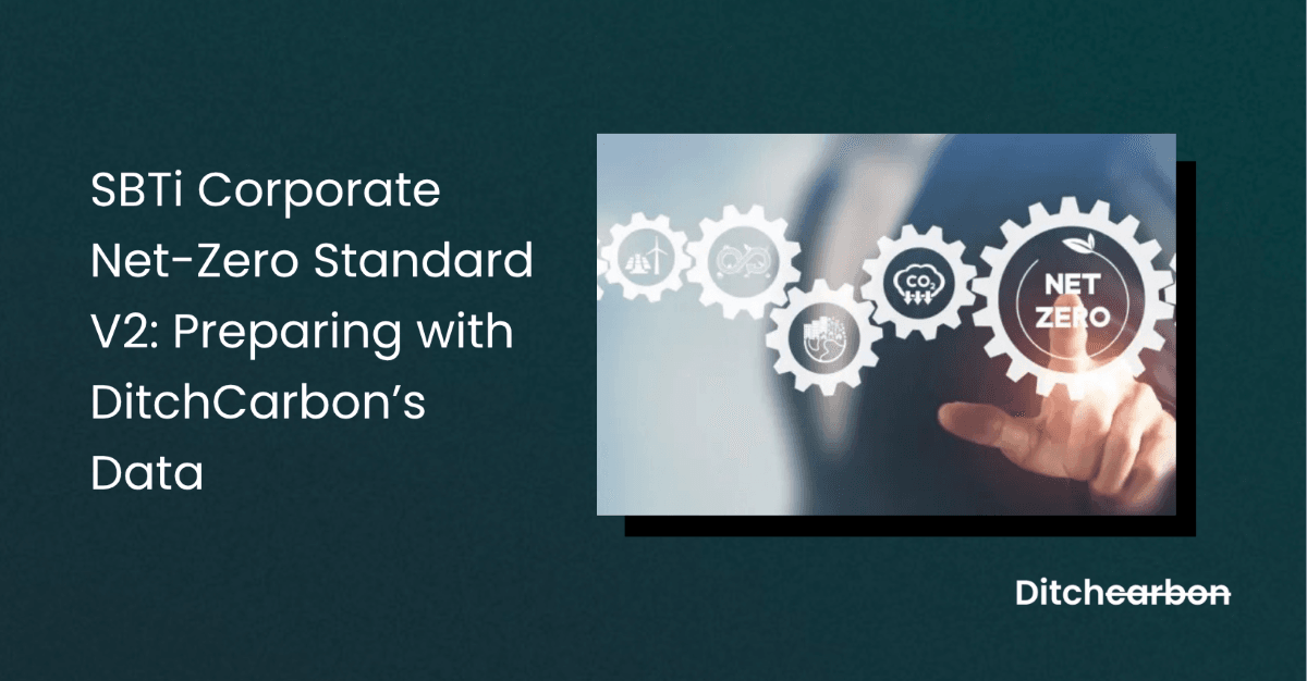 Title card reading "SBTi Corporate Net-Zero Standard V2: Preparing with DitchCarbon's Data" beside an image of a hand touching gears, one labelled Net Zero
