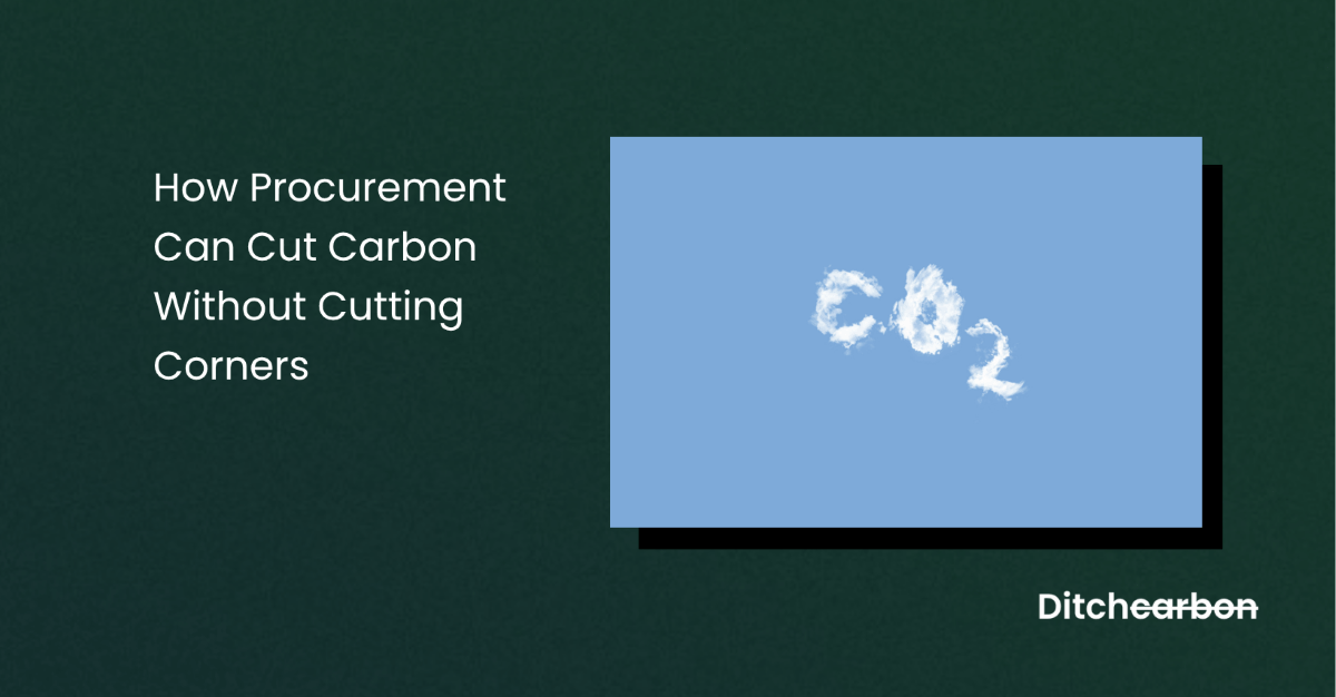 Title card reading "How Procurement Can Cut Carbon Without Cutting Corners" beside a photo of a cloud shaped like CO2 in a blue sky