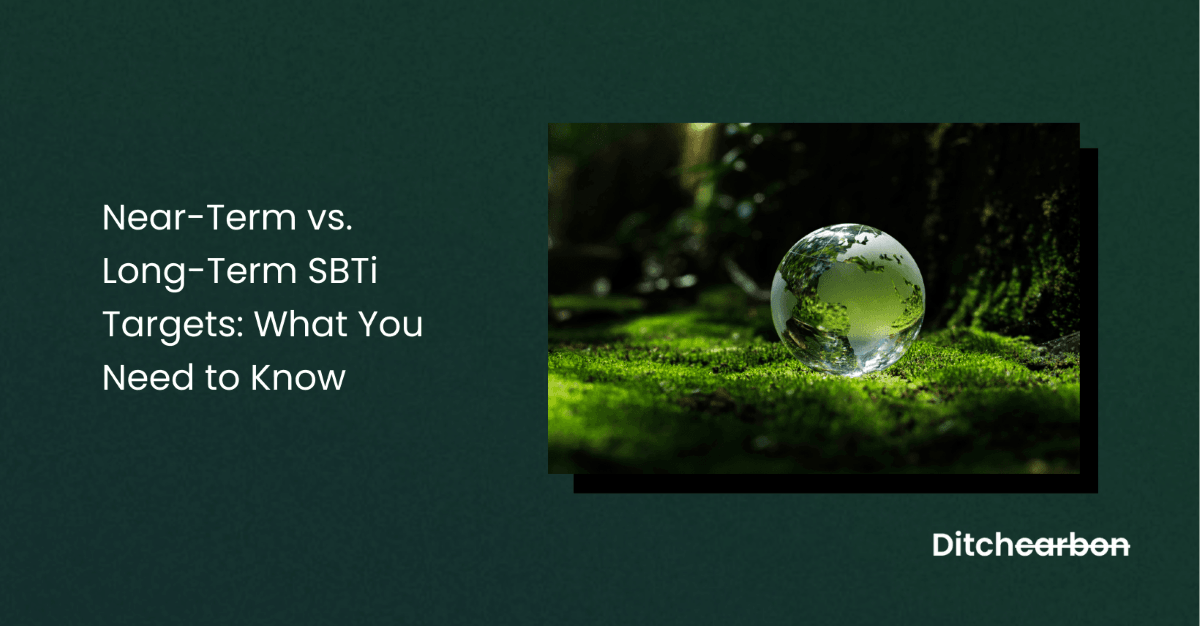 Title card reading "Near-Term vs. Long-Term SBTi Targets: What You Need to Know" beside a photo of a glass globe on moss