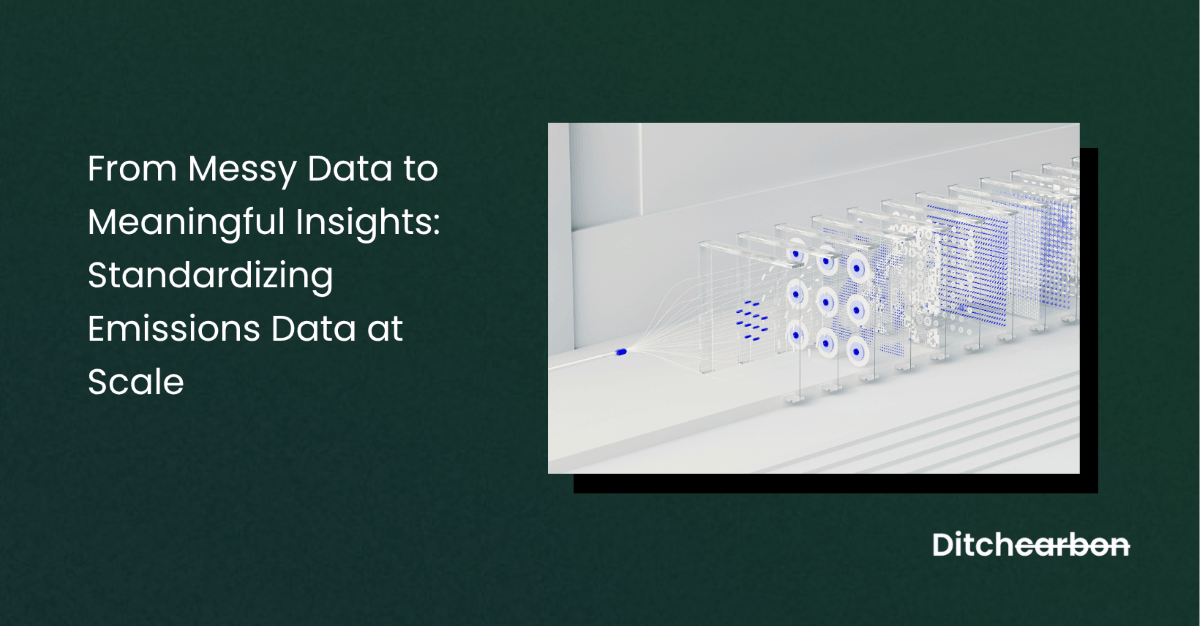 Title card reading "From Messy Data to Meaningful Insights: Standardizing Emissions Data at Scale" beside an abstract white 3D image of data grids