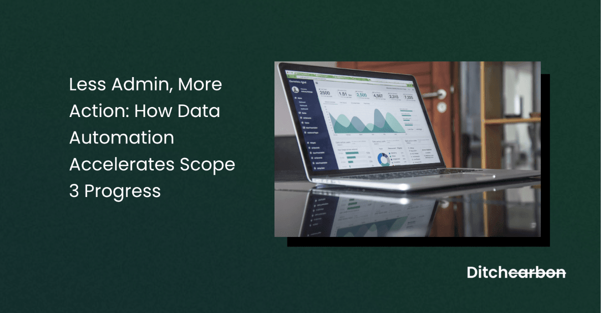 Title card reading "Less Admin, More Action: How Data Automation Accelerates Scope 3 Progress" beside a photo of a laptop showing an analytics dashboard