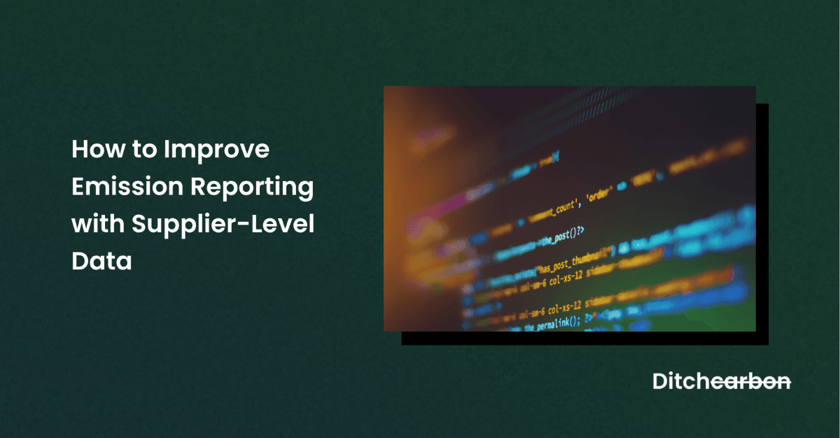 Title card reading "How to Improve Emission Reporting with Supplier-Level Data" beside a close-up photo of code on a screen