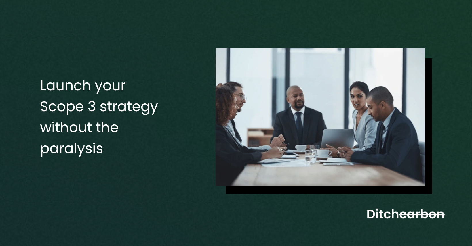 Title card reading "Launch your Scope 3 strategy without the paralysis" beside a photo of four colleagues in a meeting
