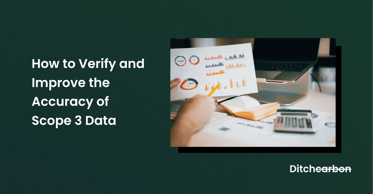 Title card reading "How to Verify and Improve the Accuracy of Scope 3 Data" beside a photo of printed charts, a notebook and a calculator