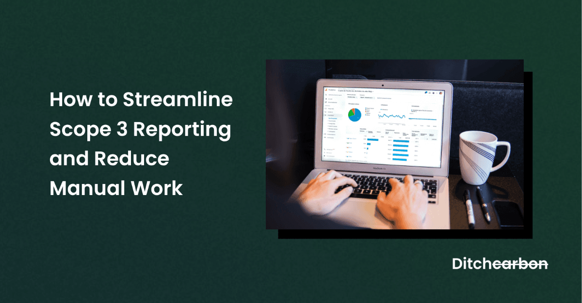 Title card reading "How to Streamline Scope 3 Reporting and Reduce Manual Work" beside a photo of hands typing on a laptop showing a dashboard