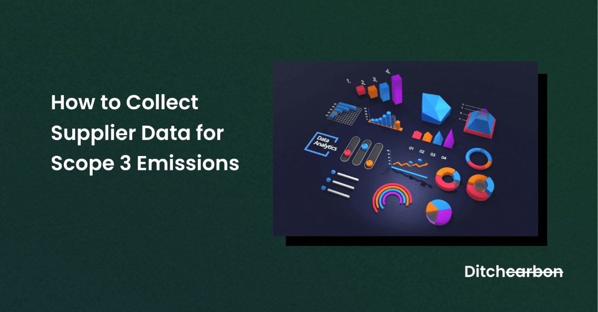 Title card reading "How to Collect Supplier Data for Scope 3 Emissions" beside an illustration of floating 3D charts and graphs