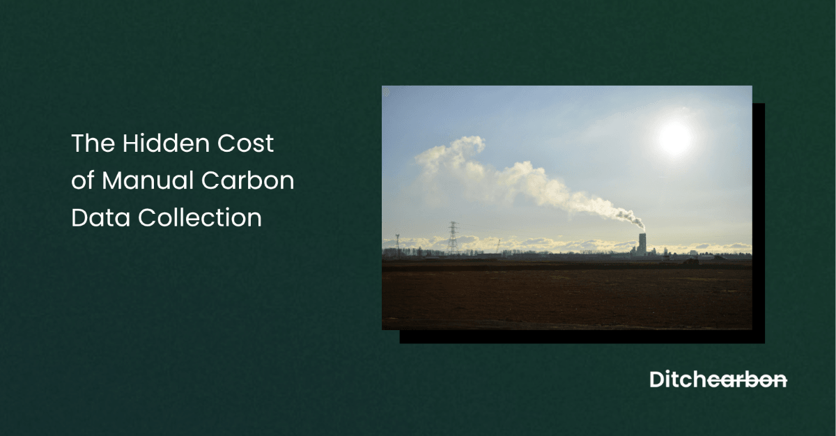 Title card reading "The Hidden Cost of Manual Carbon Data Collection" beside a photo of a factory chimney releasing smoke across a flat landscape