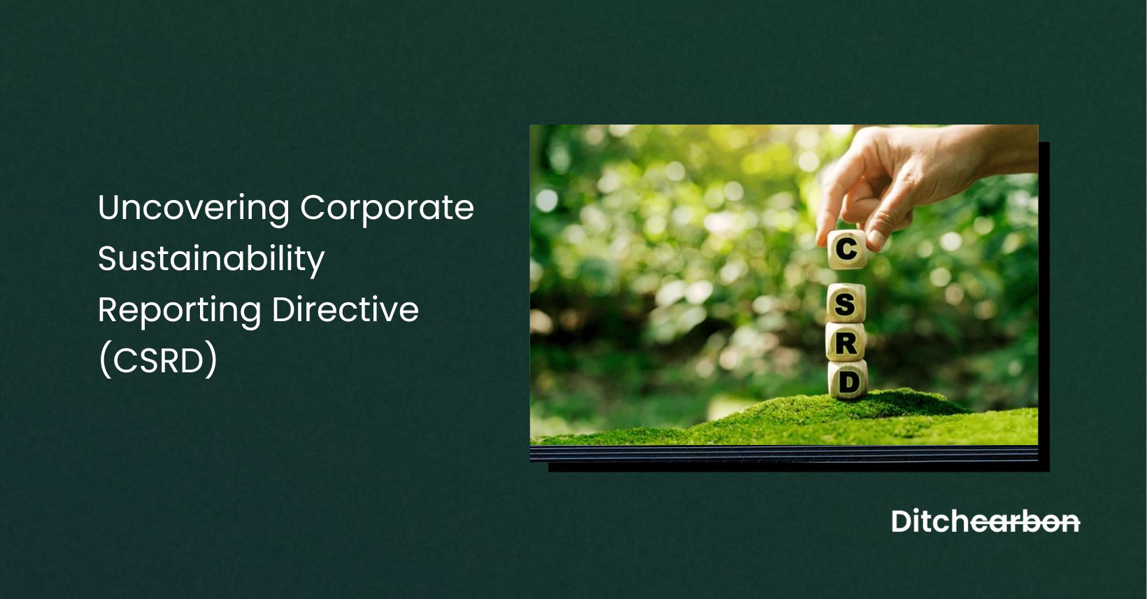 Title card reading "Uncovering Corporate Sustainability Reporting Directive (CSRD)" beside a photo of a hand stacking wooden blocks that spell CSRD on grass