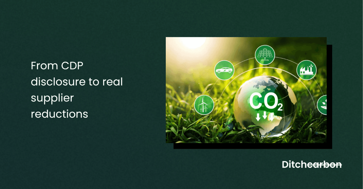 Title card reading "From CDP disclosure to real supplier reductions" beside an image of a glass globe marked CO2 on grass, surrounded by environmental icons