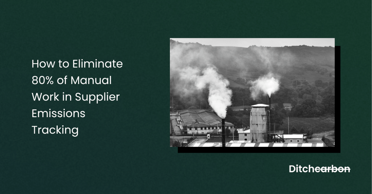 Title card reading "How to Eliminate 80% of Manual Work in Supplier Emissions Tracking" beside a black-and-white photo of a factory with smoking chimneys