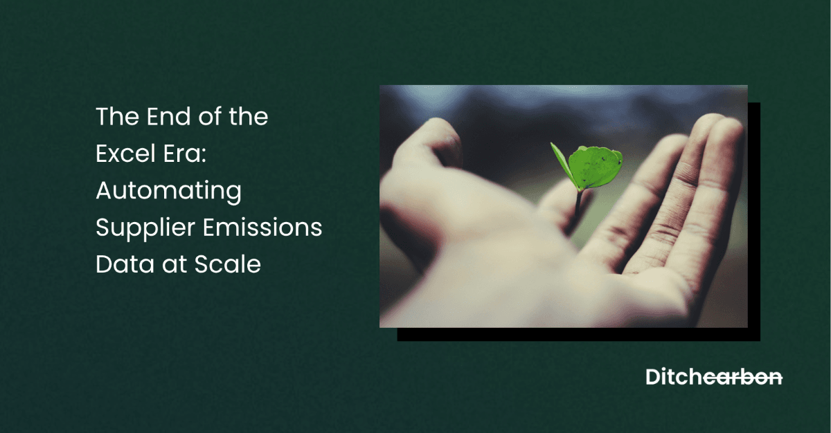 Title card reading "The End of the Excel Era: Automating Supplier Emissions Data at Scale" beside a photo of an open hand holding a small leaf