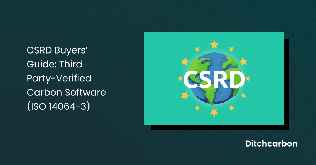 Title card reading "CSRD Buyers' Guide: Third-Party-Verified Carbon Software (ISO 14064-3)" beside a graphic of a globe labelled CSRD ringed by stars