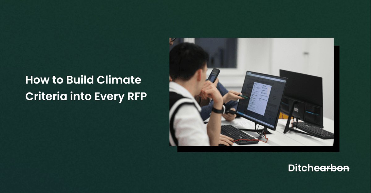 Title card reading "How to Build Climate Criteria into Every RFP" beside a photo of a person working at two computer monitors