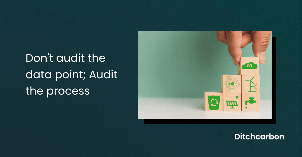 Title card reading "Don't audit the data point; Audit the process" beside a photo of a hand stacking wooden blocks with environmental icons
