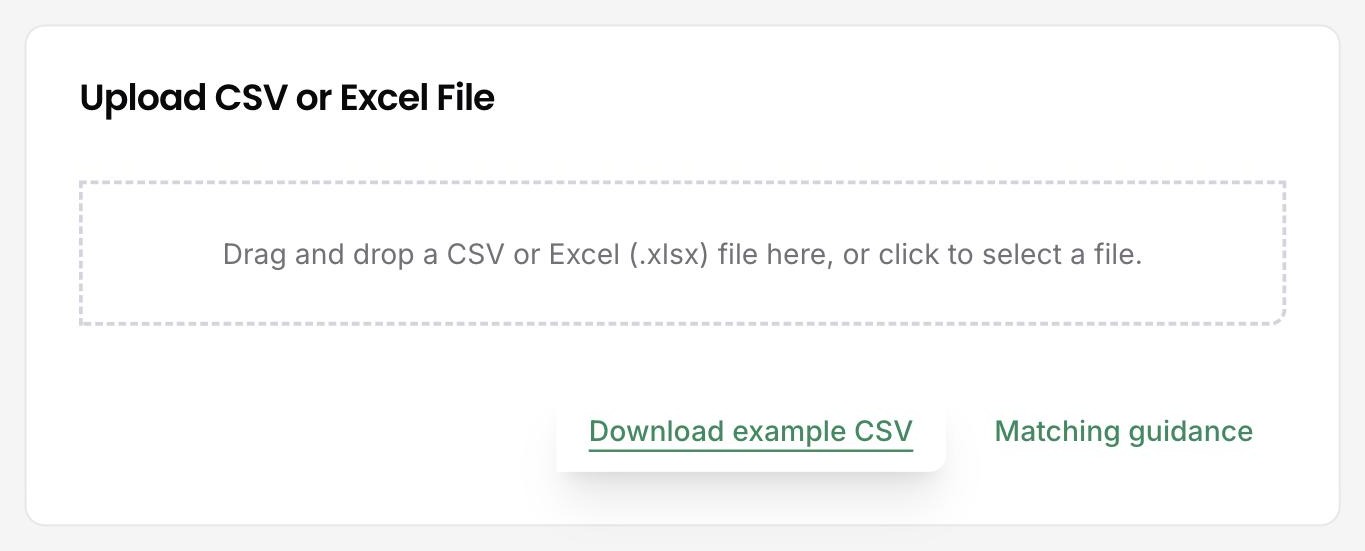 The upload dialog in the DitchCarbon portal, with a drag and drop area for CSV or Excel files, a download example CSV link and a matching guidance link.