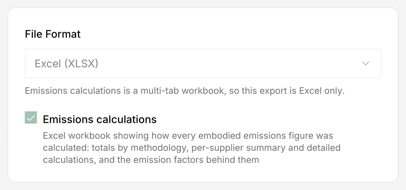 The emissions calculations export option in the DitchCarbon portal, describing a multi-tab Excel workbook with totals by methodology, a per-supplier summary, detailed calculations and the emission factors behind them.