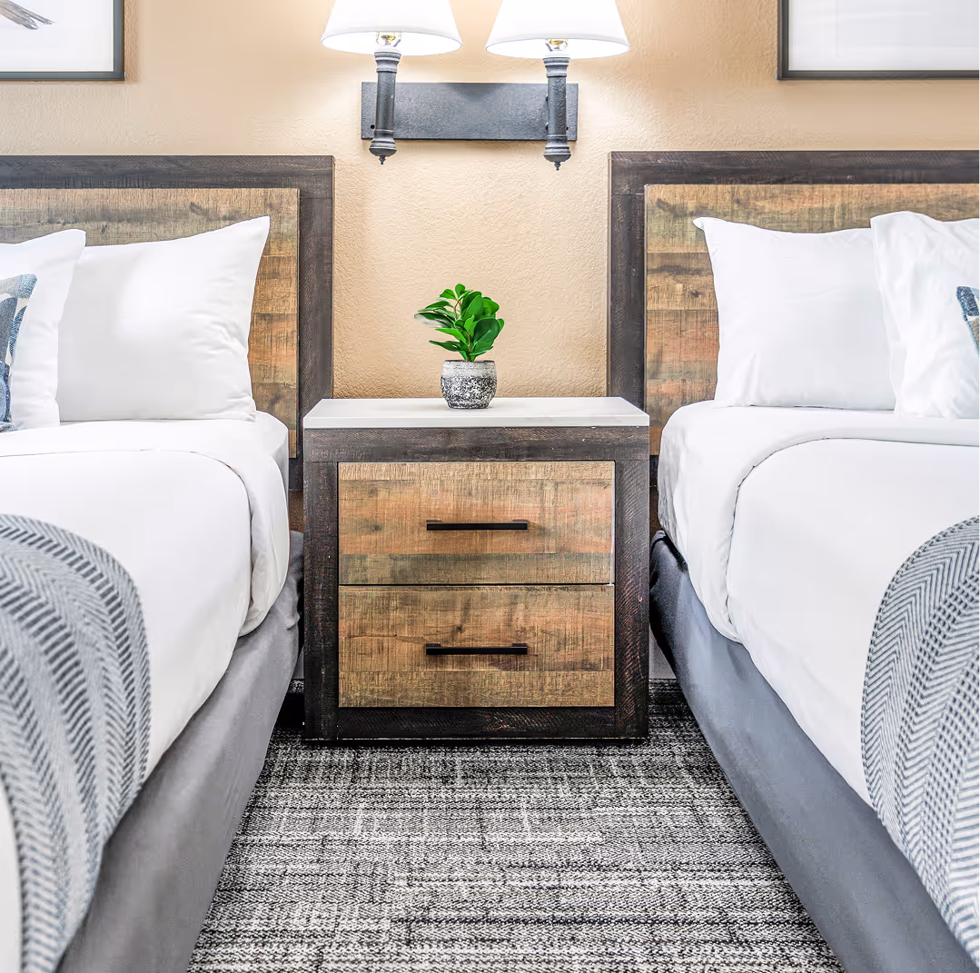 Two beds with wooden headboards separated by a nightstand with a small green plant and wall lamps.