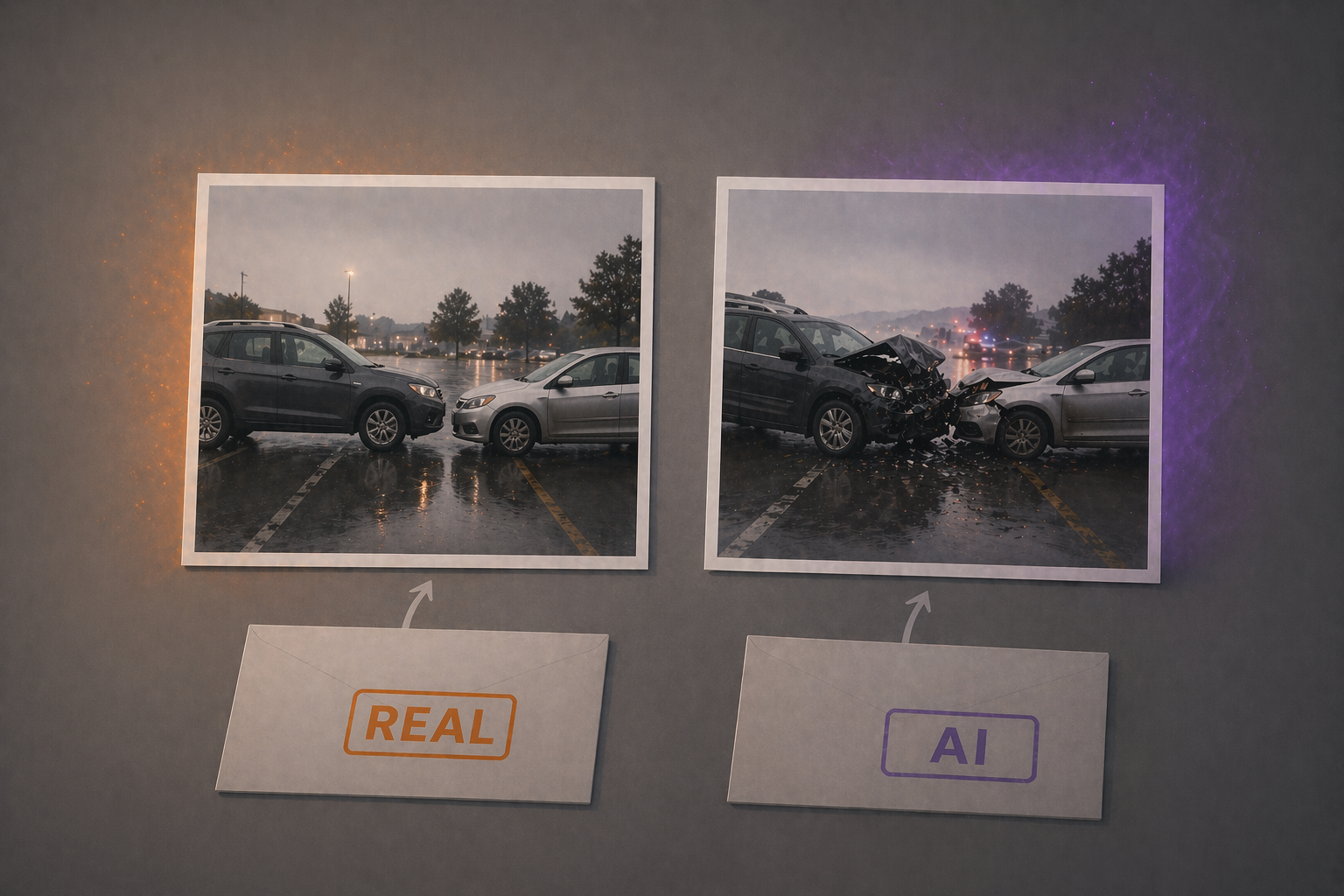 A photo of a car accident, one which is real and on which has been manipulated with AI to make it look more severe