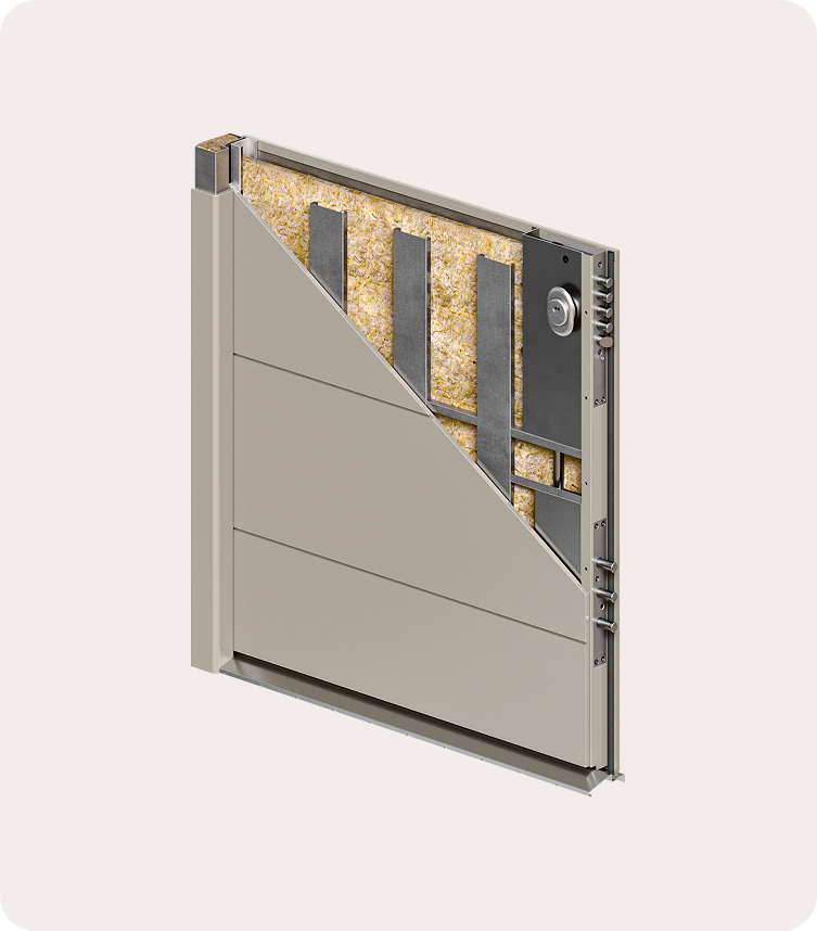 Cross-section of a security door showing insulation, metal reinforcements, and locking bolts.
