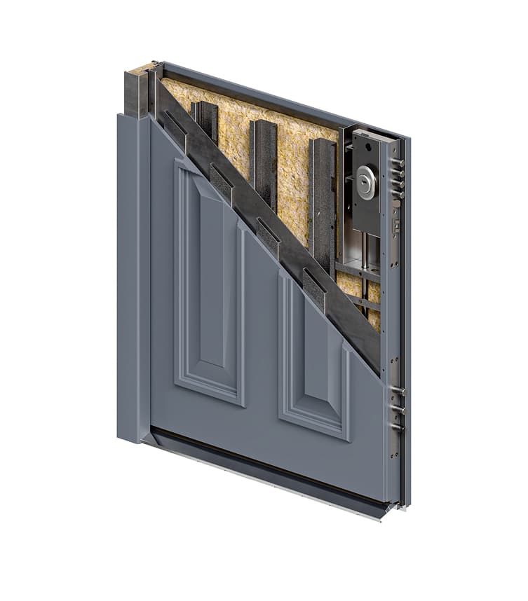 Cross-section of a gray steel security door showing metal reinforcements, insulation material, and locking mechanism.