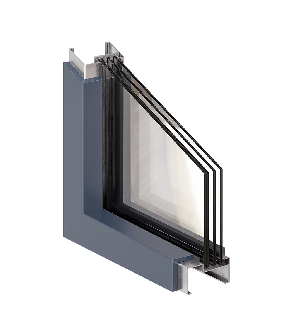 Cross-sectional view of a modern triple-glazed window with grey metal frame.