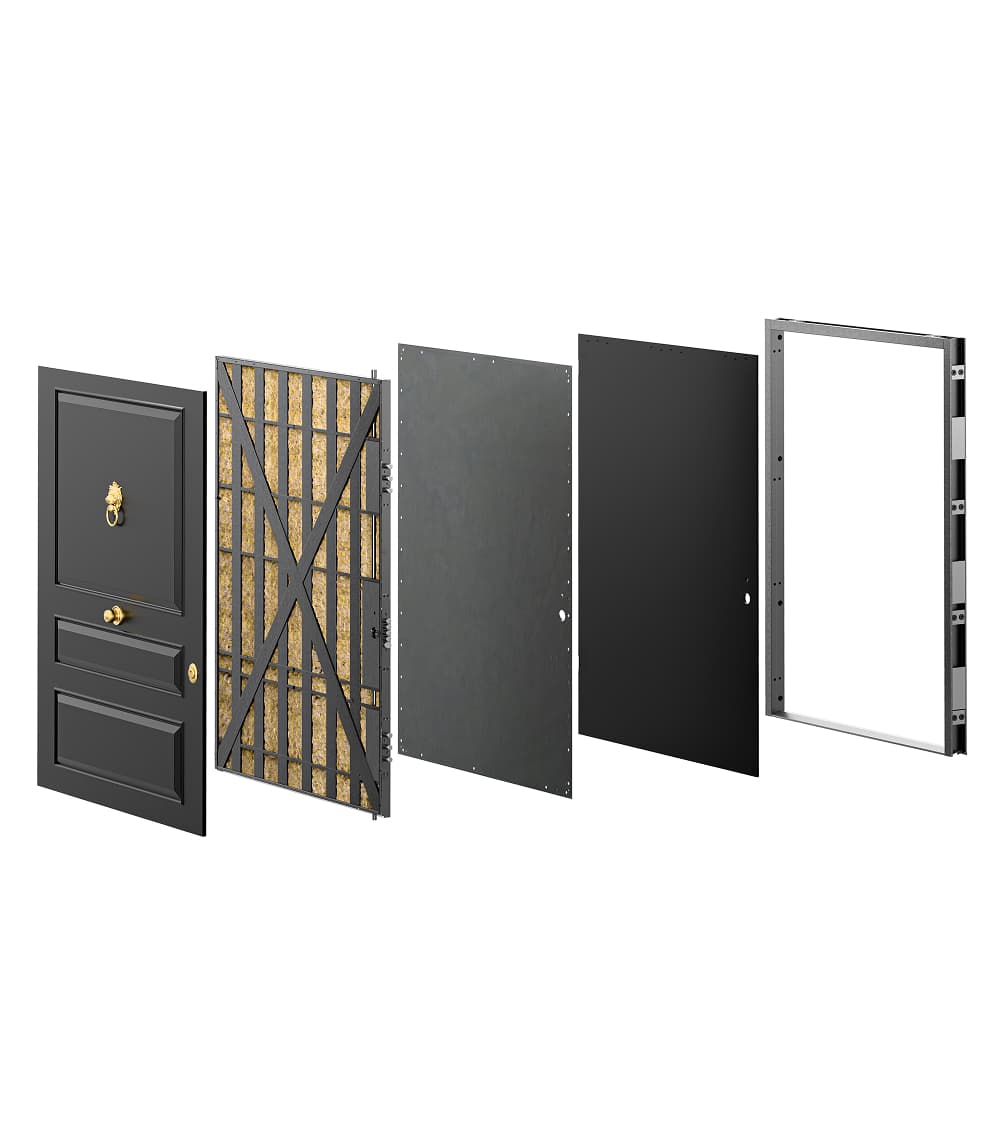Exploded view of a black front door showing its external panel, insulated steel frame, reinforced metal core, inner panel, and door frame.