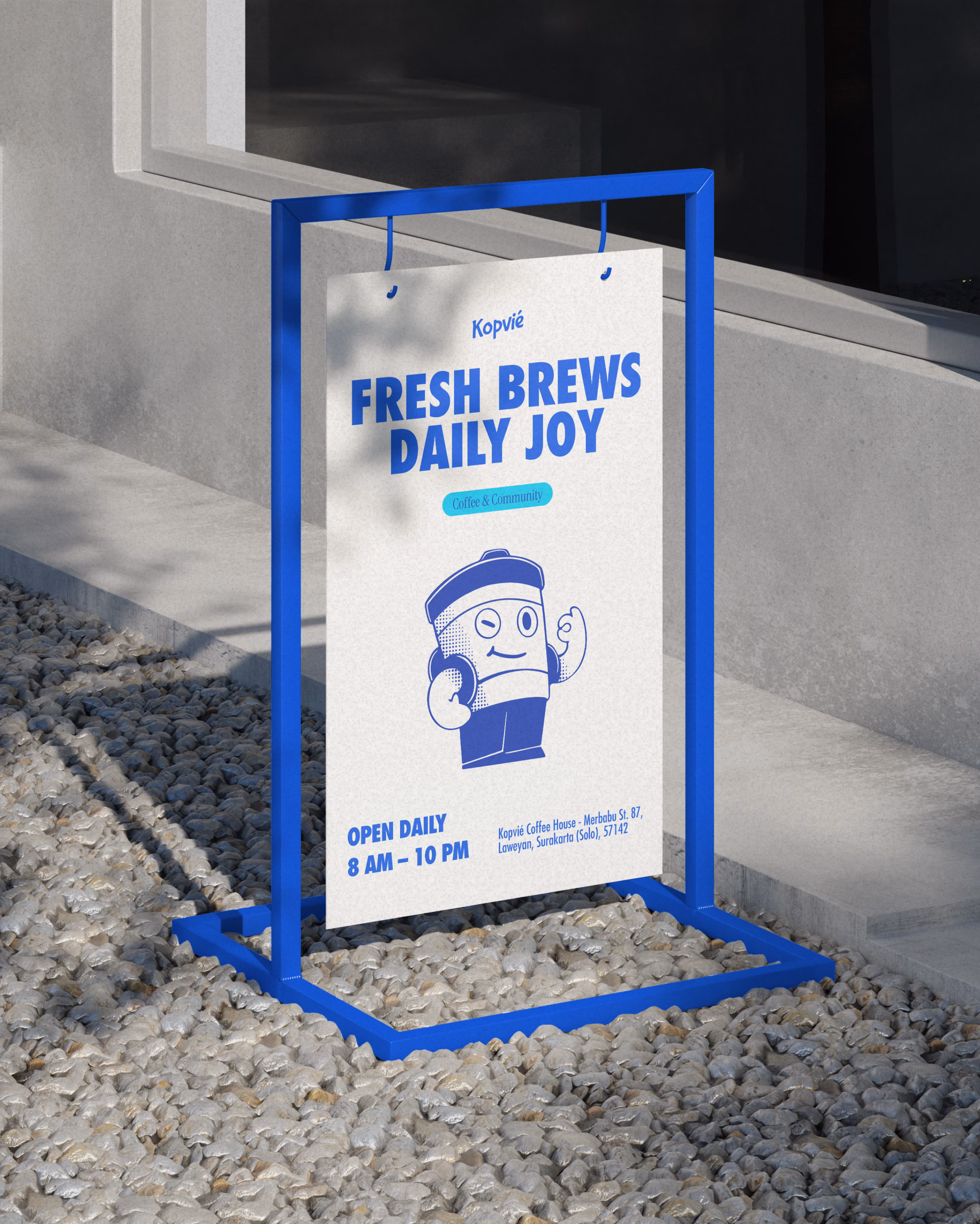 Kopvié storefront signage design showing environmental brand application
