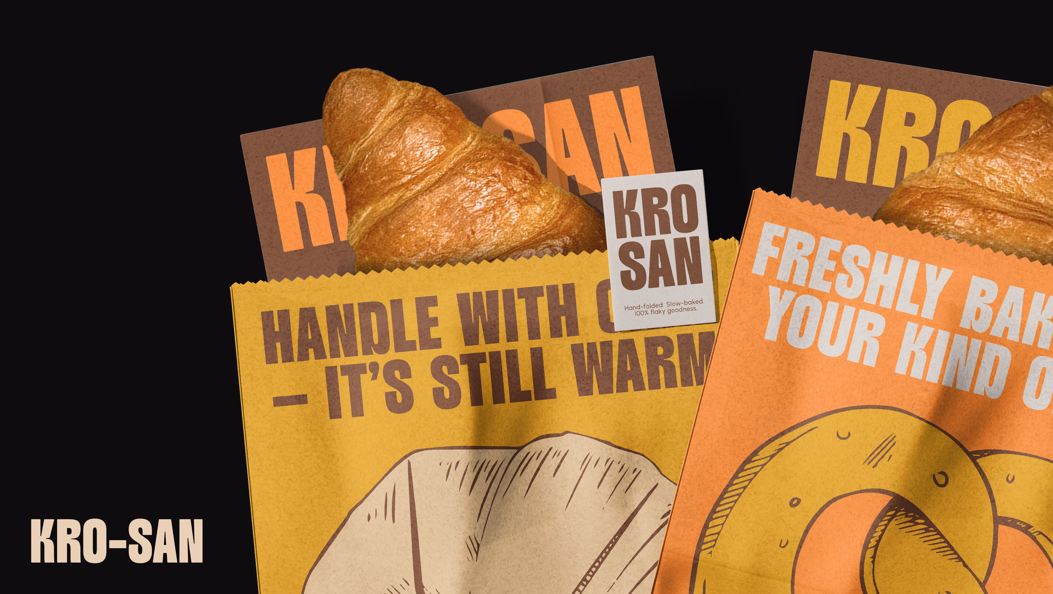 Krosan Bakery product packaging featuring illustrated croissants and bagels with taglines