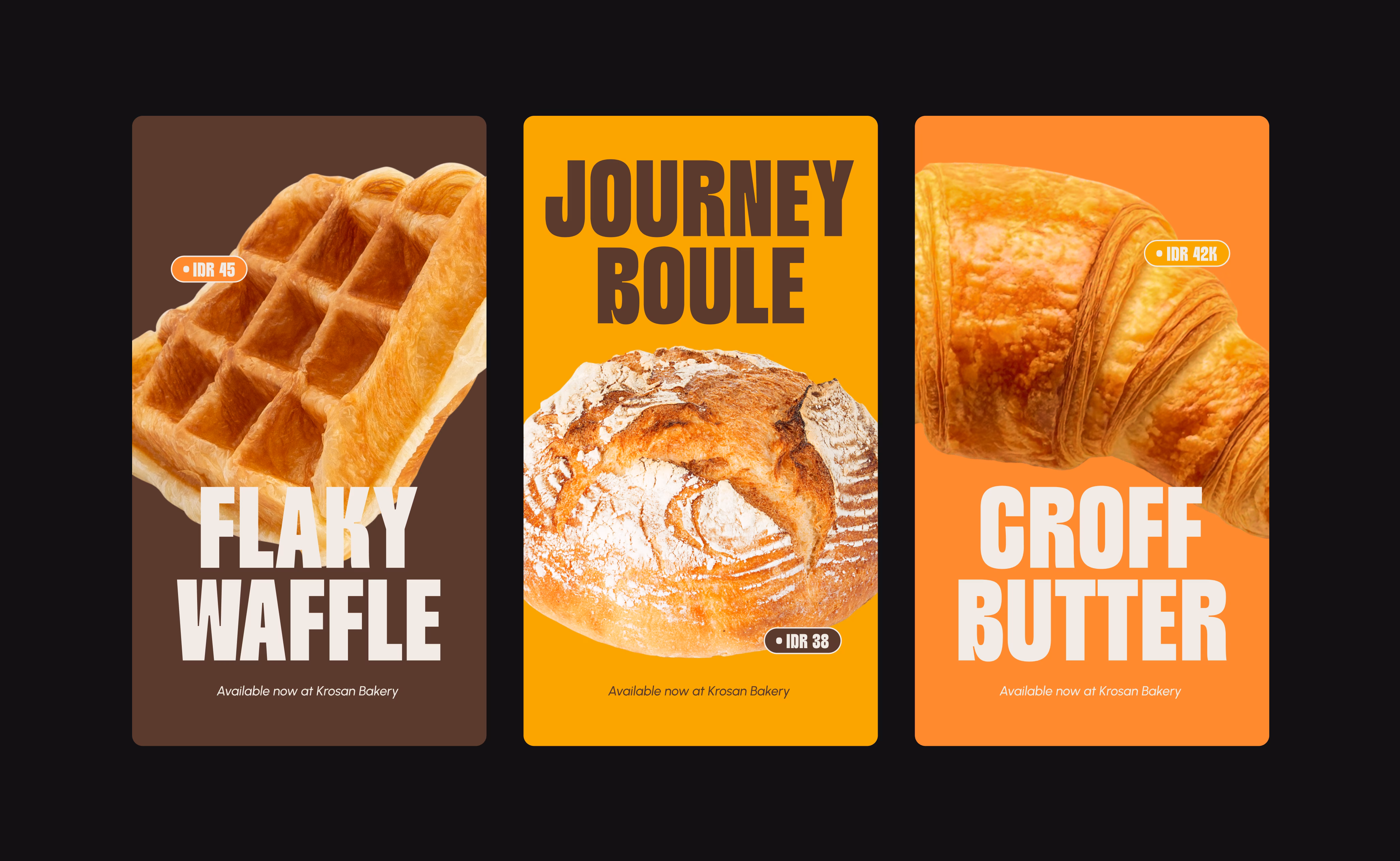 Krosan product line promotional cards featuring Flaky Waffle, Journey Boule, and Croff Butter