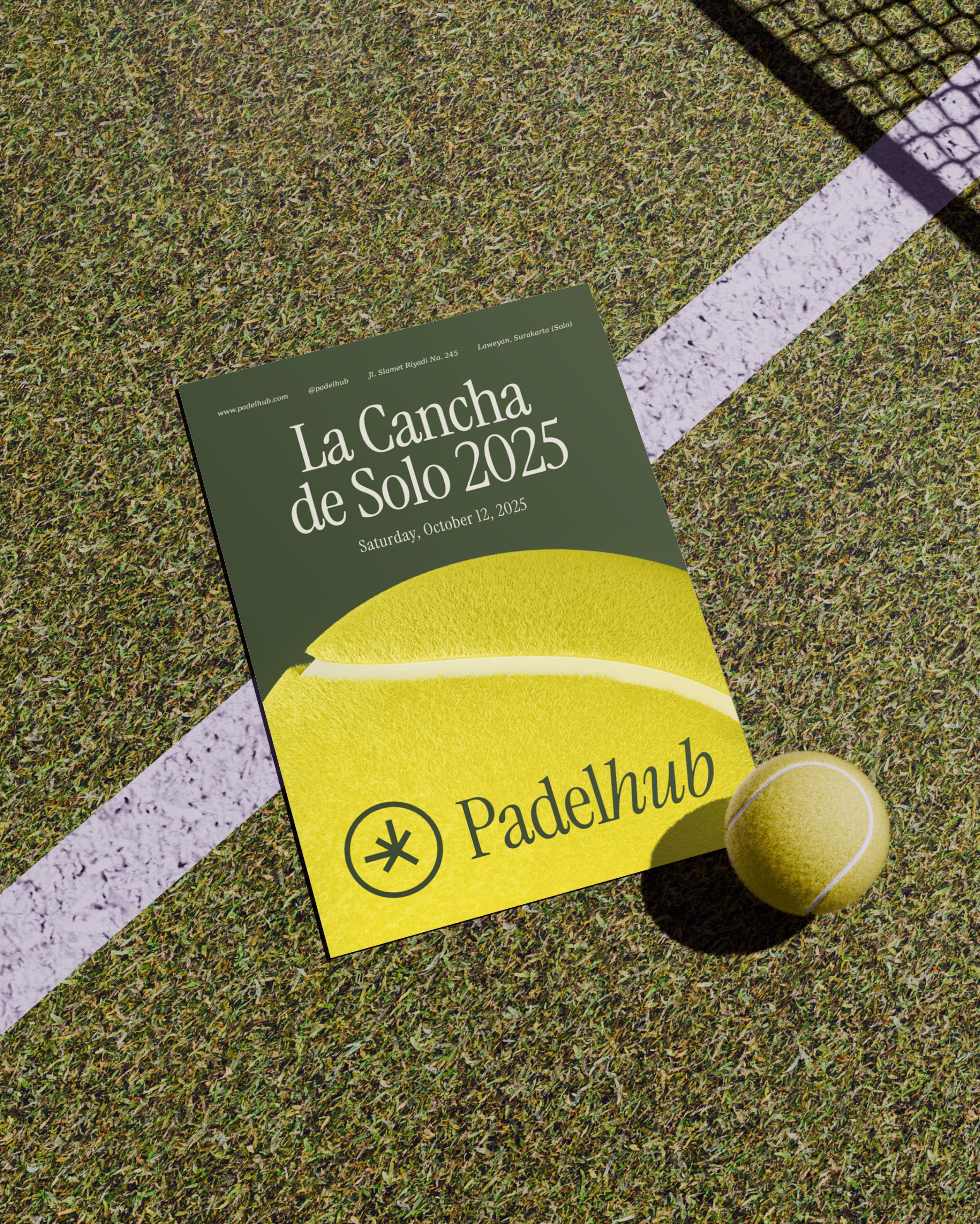 Padelhub Padel Court Branding and Website Design shown on event poster displayed on padel court by Hatypo Studio
