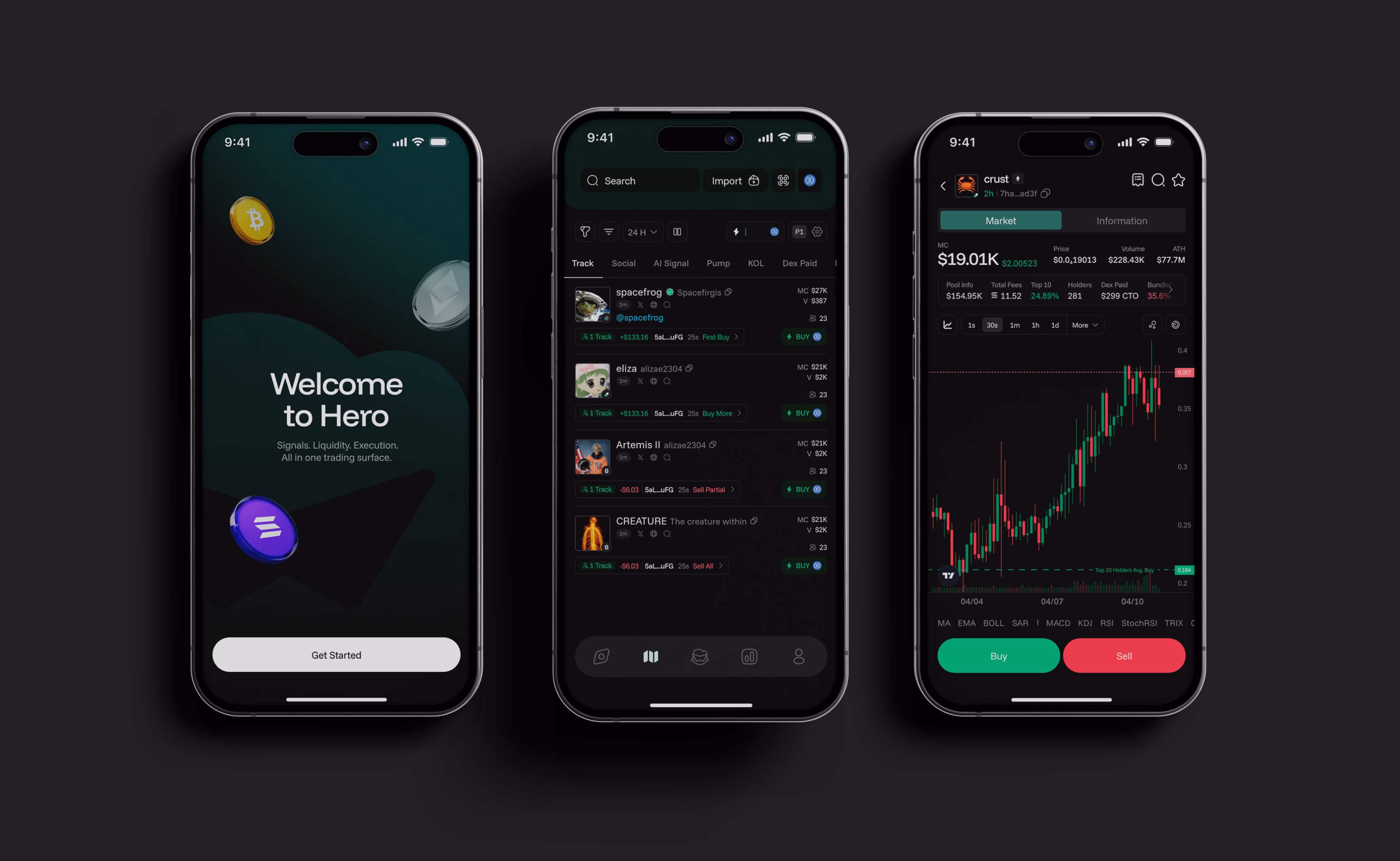 Hero Trading App mobile product design showing icon, launch screen, and initial onboarding by Hatypo Studio