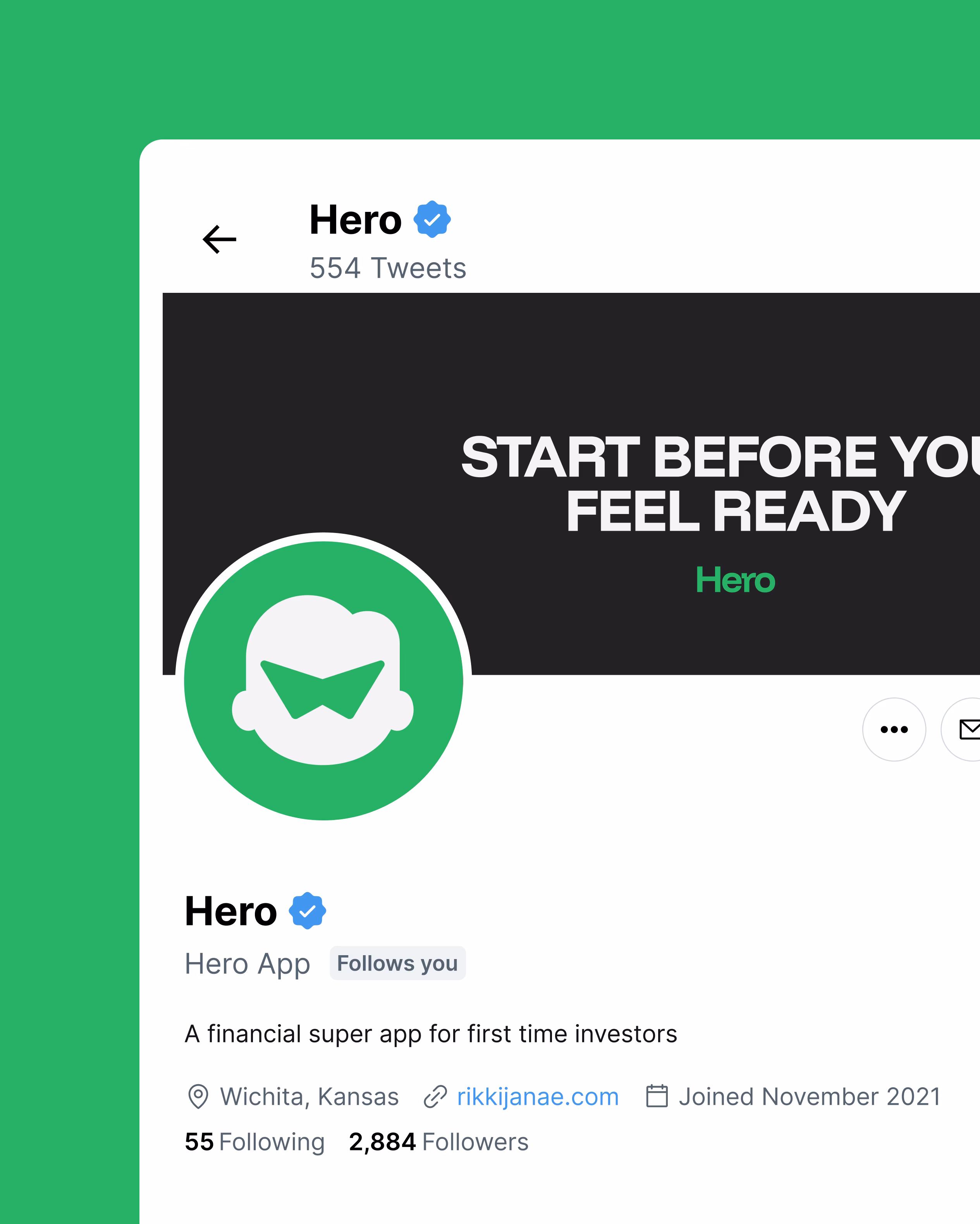 Hero Trading App social media profile design mockup featuring app branding and mission statement by Hatypo Studio
